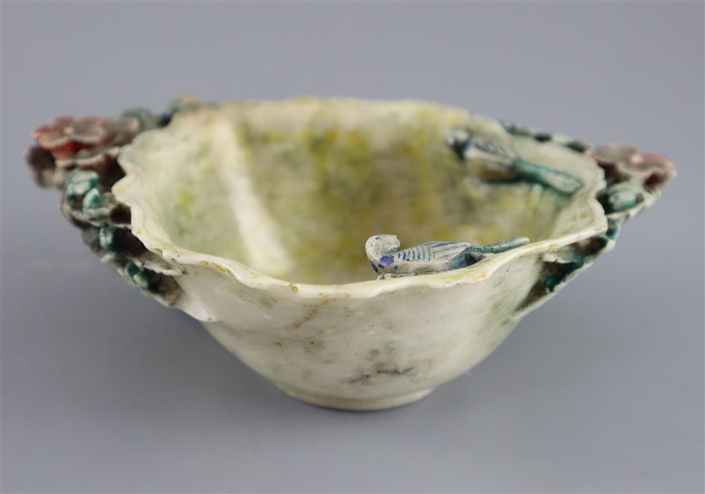 A Chinese polychrome soapstone libation cup or brush washer, probably Kangxi period, 15cm wide